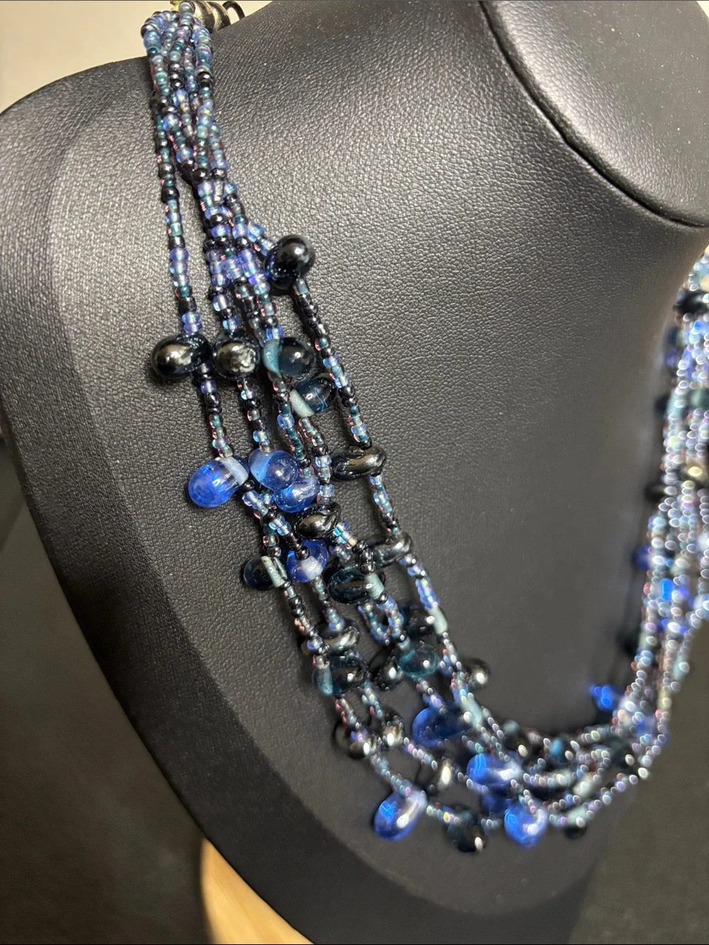 Multi-Strand Elegant Glass Blue Black Beaded Necklace Statement